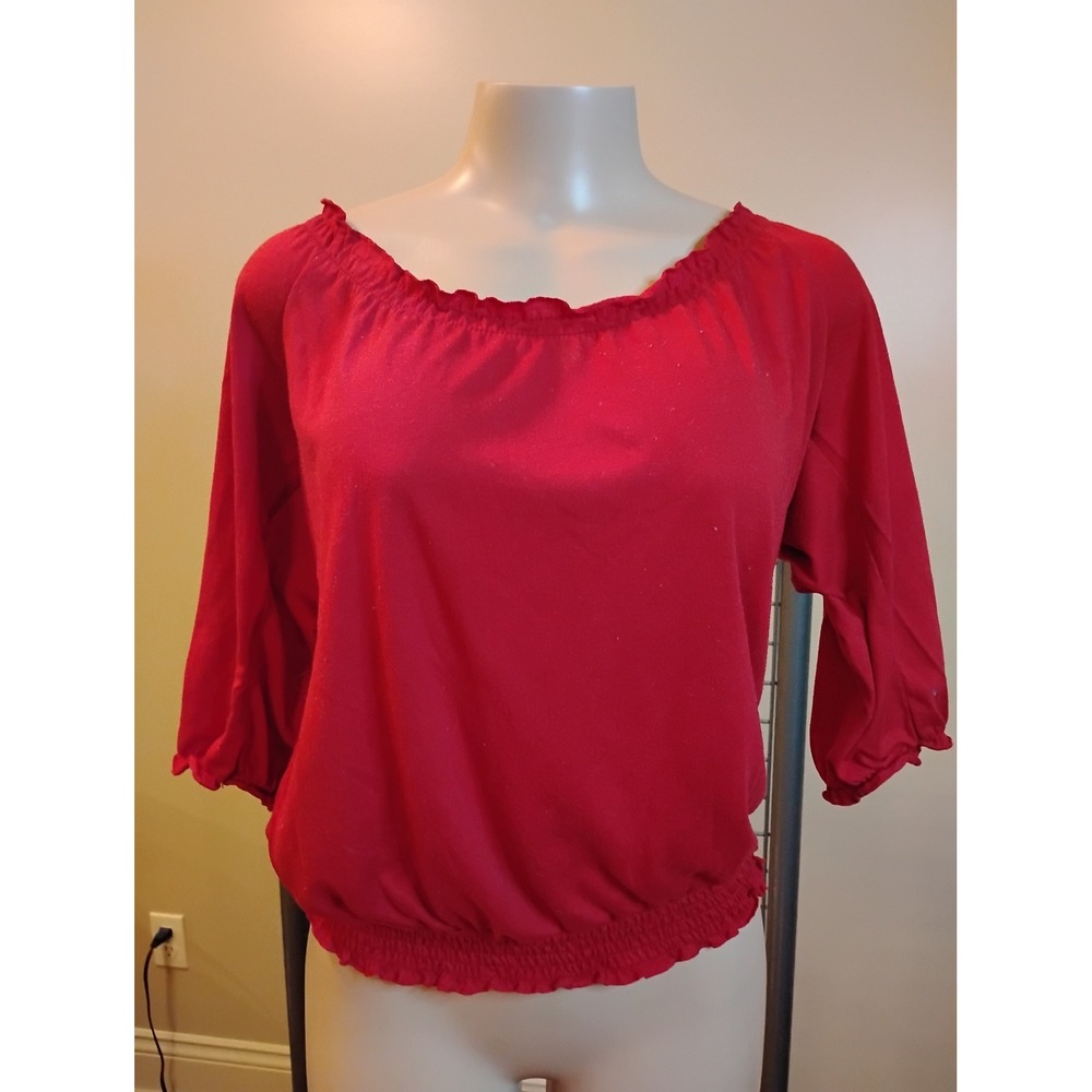 Self Esteem Red Off Shoulder Smocked Hem Peasant Blouse Large 3/4 Sleeve Top